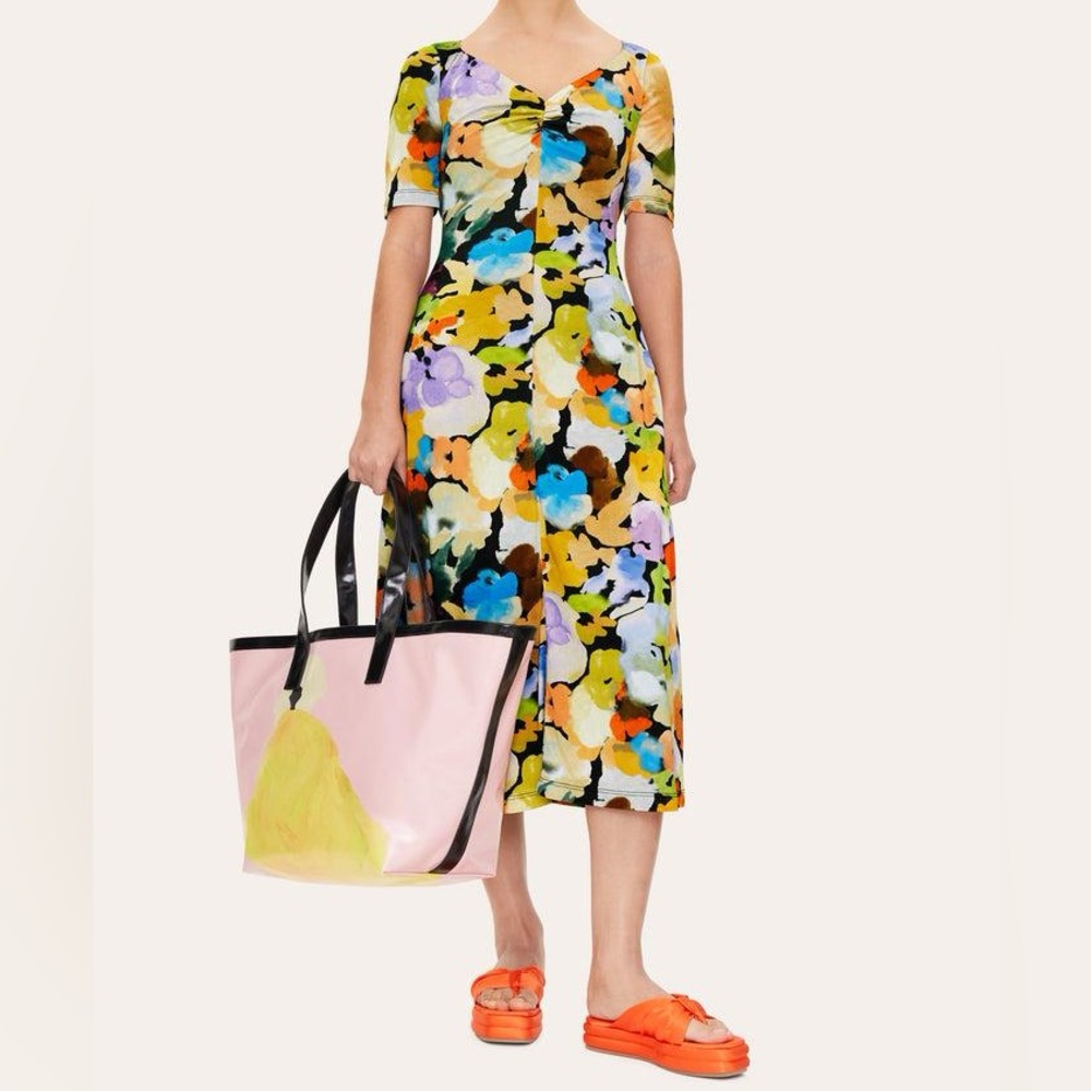 Stine Goya Jose Airbrush at Night Midi Dress Abstract Floral Ruched NWT